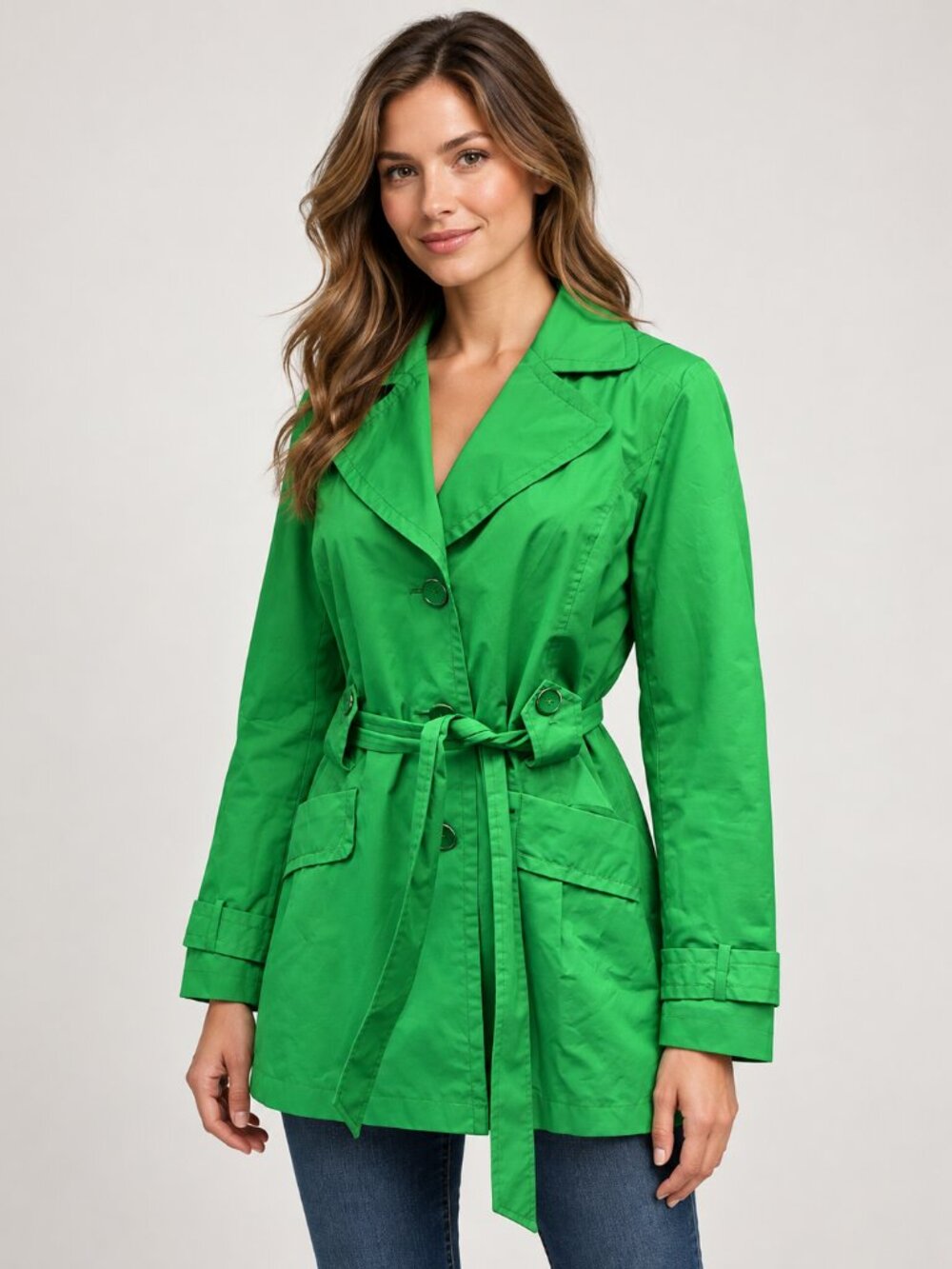 Faded Glory Small Kelly Green Belted Trench Coat Lightweight Statement Jacket
